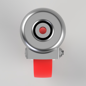 Close-up of a round metal camera lens with a red shutter button and a red strap below.