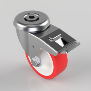 Swivel caster wheel with a red rubber tire and metal mounting bracket including a brake lever.