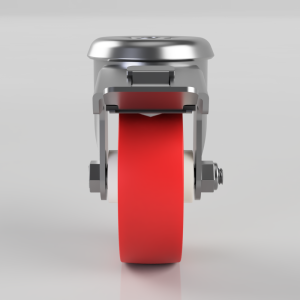 Front view of a metal tape dispenser with a bright red tape strip feeding downward between the arms, shown from the front.