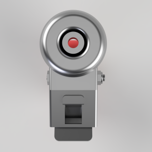 Front view of a gray metal device with a circular shiny head and a red center, mounted on a bracket.