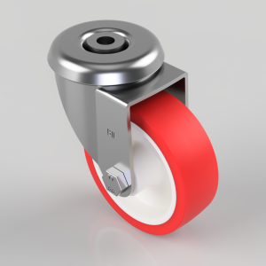 Swivel caster wheel with a red polyurethane tire mounted on a metal bracket for furniture or equipment carts.