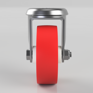 Front view of a red-wheel caster with a metal bracket and bolts, used for furniture or equipment.