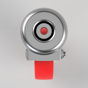 Close-up of a metallic camera lens with a red center button, mounted on a gray bracket with a red strap hanging below.