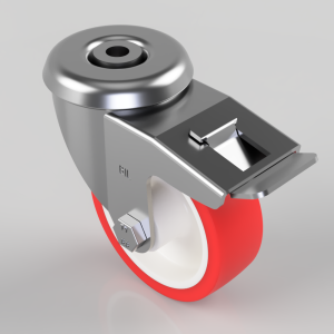 Swivel caster wheel with a red rubber tire and a metal brake lever mounted on a metal frame