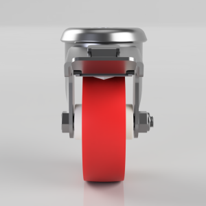 3D rendering of a metal tape dispenser feeding bright red adhesive tape toward the cutting head