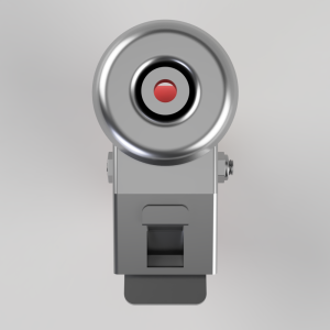 Front view of a gray metal device with a large circular dial on top and a small rectangular slot below, like a vintage timer or switch