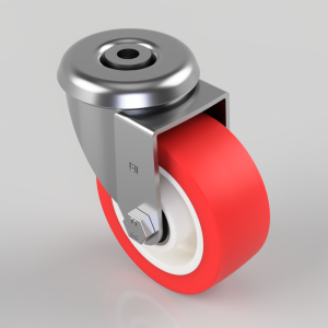 Red polyurethane caster wheel with a chrome metal housing and mounting bolt, shown at an angle for mobility and support of equipment or furniture.