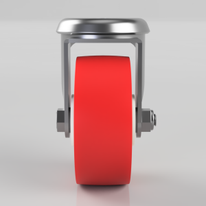 Front view of a red polyurethane caster wheel mounted in a metal frame with bolts on either side, shown in neutral backdrop.