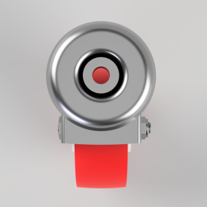 Front view of a metallic gray camera with a circular lens and a red strap hanging below.
