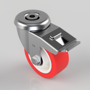 Metal swivel caster with a red polyurethane wheel and silver mounting bracket for furniture or equipment.