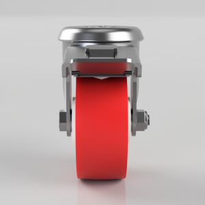 Front view of a silver tape dispenser with a bright red tape roll ready for cutting.