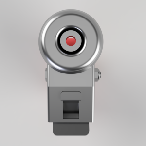 Front view of a metallic industrial camera or sensor with a circular lens and red center, mounted on a gray bracket.