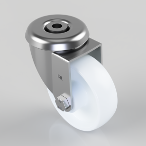 Industrial swivel caster wheel with a white polyurethane tire and metal housing, shown in angled view.