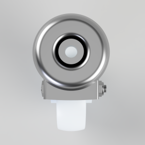 Front view of a metallic round camera lens mounted on a gray bracket with a white base, facing forward.
