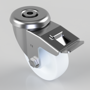 Metal caster wheel with a locking brake mounted on a metal bracket and a white wheel nearby the floor.