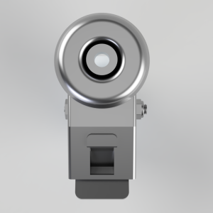 Front view of a silver metal camera with a large circular lens on a gray background (3D render).