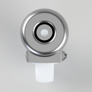 Front view of a silver circular camera lens on a mounting bracket with a white support below.