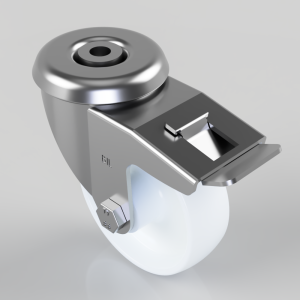 Heavy-duty swivel caster with metal frame and locking brake lever.Available for industrial equipment or furniture casters with wheel lock.