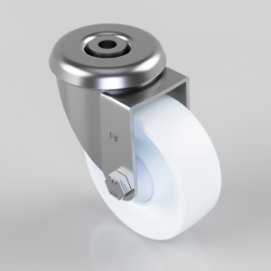 Heavy-duty caster wheel with white rubber tire and metal fork housing