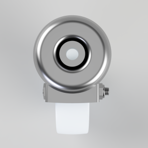 Close-up of a metallic circular camera lens mounted on a clamp with a white strap beneath it.