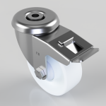 Swivel caster wheel with a metal brake lever and white polyurethane wheel.