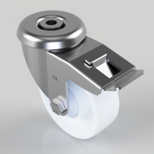 Swivel caster wheel with a metal brake lever and white polyurethane wheel.