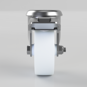 Front view of a white polyurethane caster wheel with a metal mounting bracket and brake components.