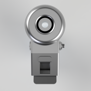 Close-up of a metallic roller mounted on a gray bracket with a side bolt.