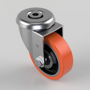 Swivel caster wheel with orange polyurethane tire and metal housing.
