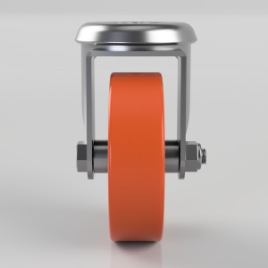 Front view of an orange rubber caster wheel mounted in a metal frame with bolts on sides.