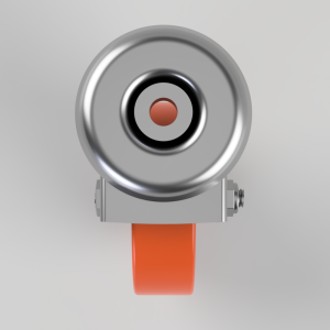 Close-up of a silver circular mechanical component mounted on a gray bracket with an orange strap beneath it in a neutral background.