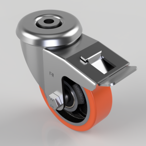 Swivel caster wheel with an orange polyurethane tire and a metal brake lever engaged.