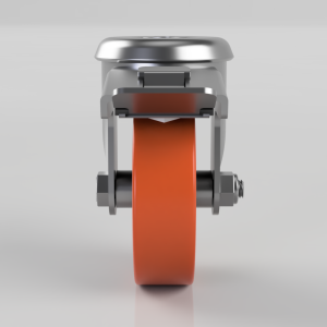 Front view of a swivel caster with an orange polyurethane wheel and metal frame.