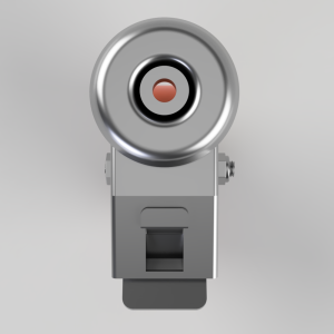 Front view of a gray industrial device with a large chrome circular dial at the top and a rectangular body below.