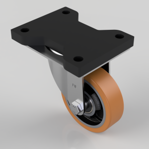 Angle view of a swivel caster: orange polyurethane wheel attached to a gray metal fork with a black mounting plate featuring four holes.