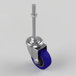 Swivel caster wheel with blue polyurethane tire and threaded stem for mounting on furniture or equipment.