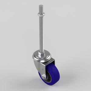 Adjustable caster wheel with a blue polyurethane tire and threaded stem for leveling furniture or equipment.
