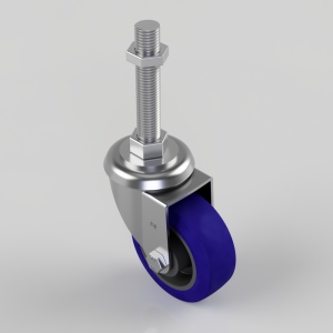 Industrial swivel caster with a blue polyurethane wheel and a threaded mounting stem.