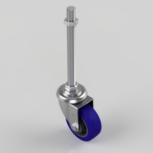Heavy-duty caster wheel with blue polyurethane wheel, swiveling metal housing, and threaded mounting stem with nut.