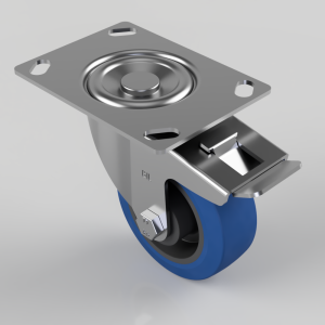 Blue Elastic Rubber 75ShoreA Plate Swivel Castor Brake 100mm 250kg Load
