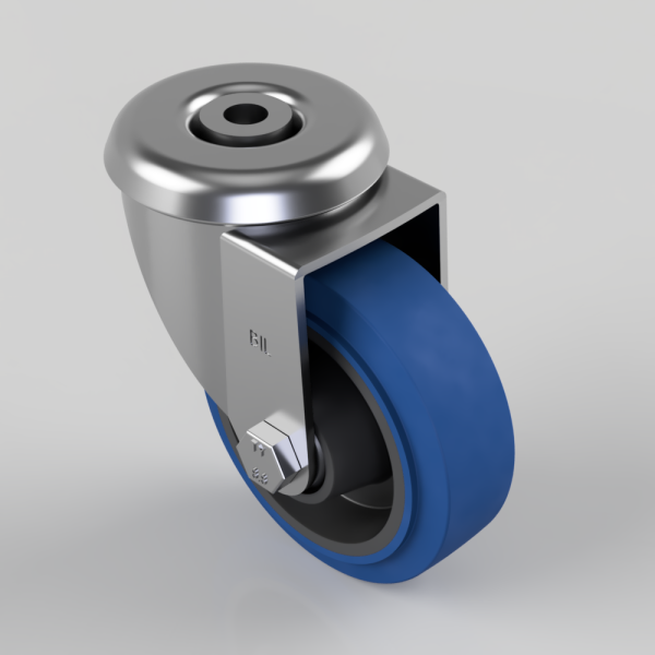 Blue polyurethane caster wheel with a silver metal housing and mounting bracket on a neutral background (swivel caster). Use for furniture or equipment carts.