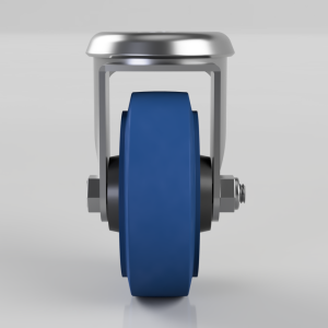 Blue caster wheel mounted in a silver metal bracket with bolt and nut visible on the side.