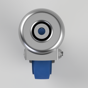 Close-up of a metal swivel caster wheel with a blue polyurethane wheel, viewed from the front.