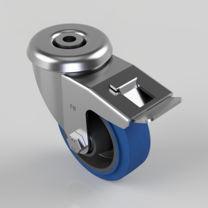 Metal caster wheel with a blue polyurethane wheel and a built-in brake lever for locking the swivel joint, used on furniture or equipment carts.