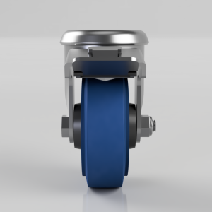 Front view of a blue-wheeled caster with metal housing and brake lever.