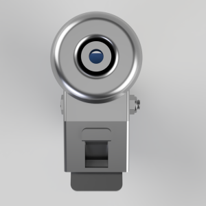Metallic camera or sensor mounted on a bracket, shown from the front with a circular lens.