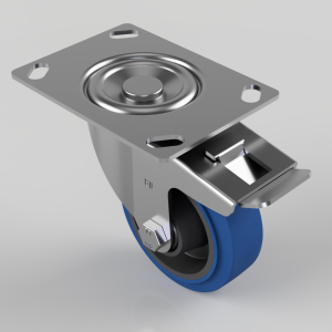 Blue Elastic Rubber 65ShoreA Plate Swivel Castor Brake 100mm 200kg Load