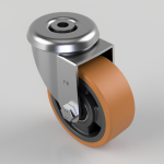 Swivel caster wheel with orange PU tire and metal mounting bracket for furniture or equipment carts