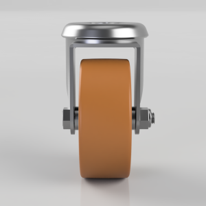 Front view of a metal caster wheel with an orange rubber tire and mounting hardware.