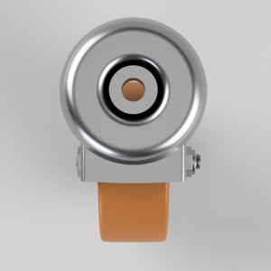 Front view of a silver circular lens housing mounted on a metal bracket with an orange wrist strap visible behind it